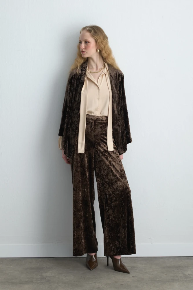 Anka Koleksiyonu Kadife Kimono & Bol Paça Pantolon - Haki Takım