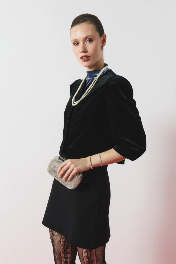 Kadife Bolero Ceket & Anvelop Kesim Mini Etek Kombini