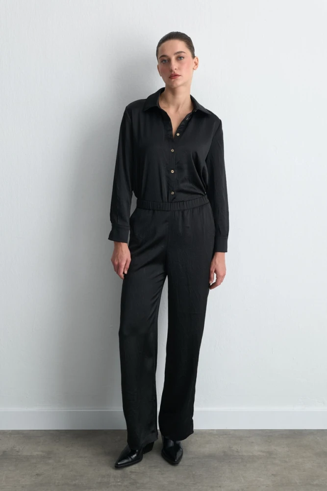 Krinkıl Saten Gömlek Bol Paça Pantolon &- Siyah Takım