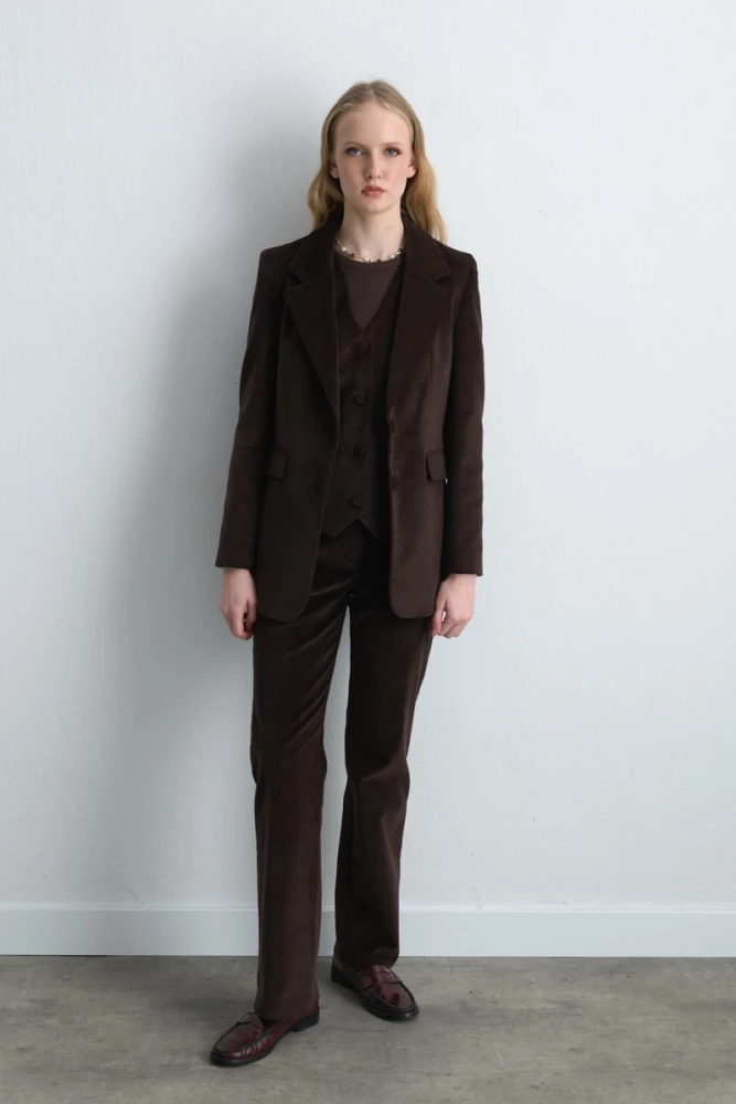 Anka Koleksiyonu Fitilli Kadife Blazer Ceket & Boru Paça Pantolon - Kahverengi Takım