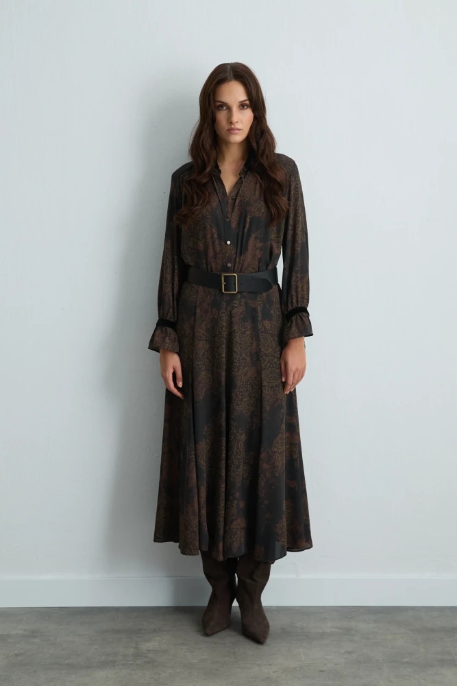 Anka Koleksiyonu Kadife Yakalı Gömlek & Uzun Desenli Kloş Etek - Kahverengi Takım