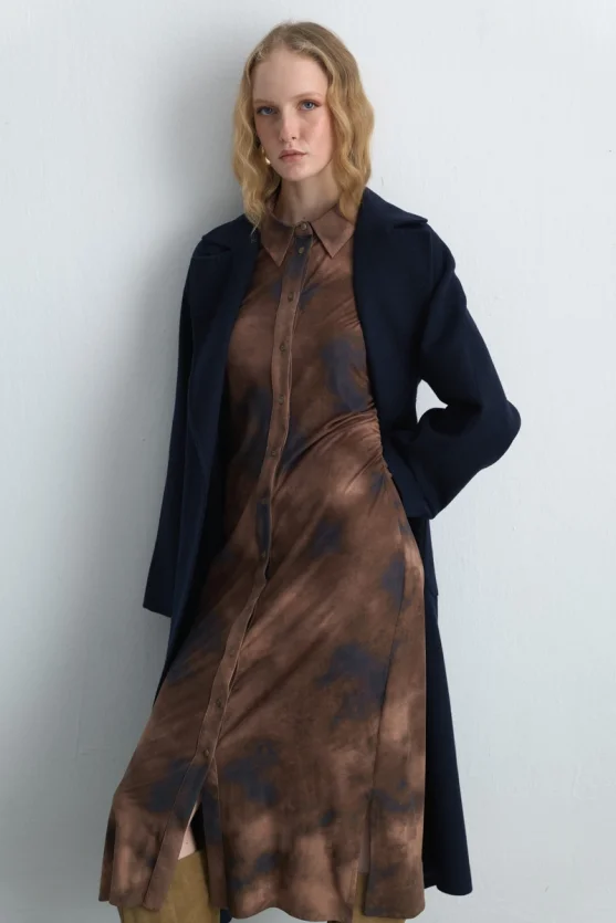 Batik Desenli Suni Süet Uzun Elbise - Haki - 6