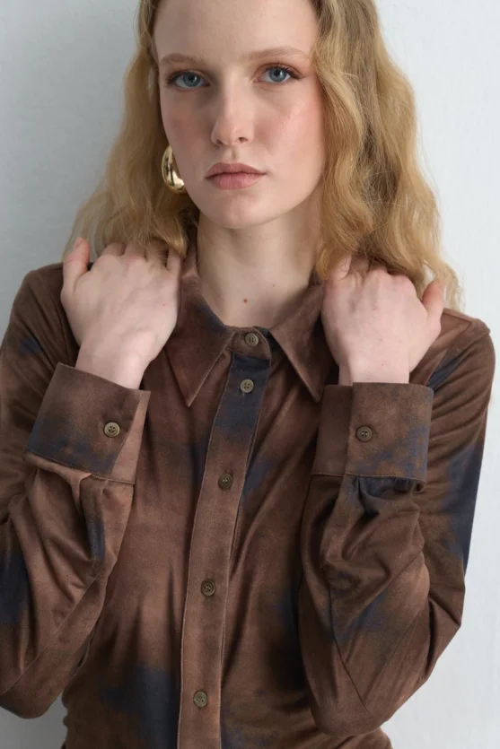 Batik Desenli Suni Süet Uzun Elbise - Haki - 5