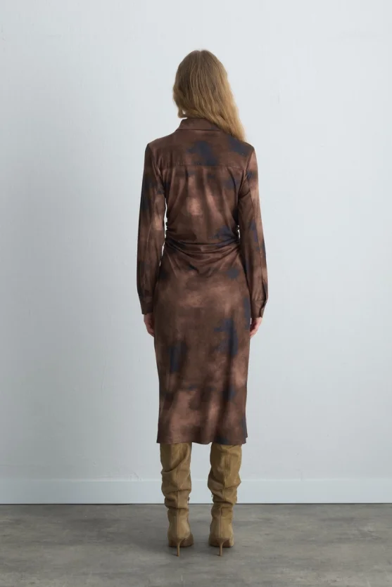 Batik Desenli Suni Süet Uzun Elbise - Haki - 7