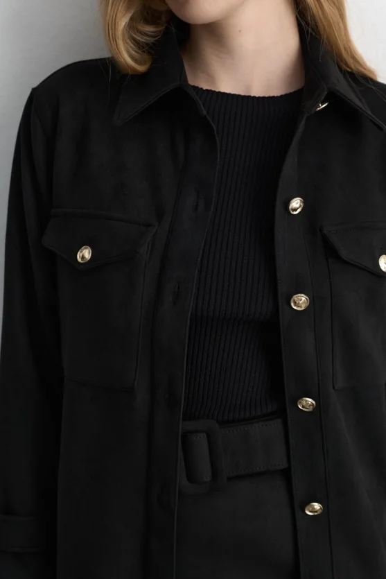 Beli Kemerli Suni Süet Ceket - Siyah - 5