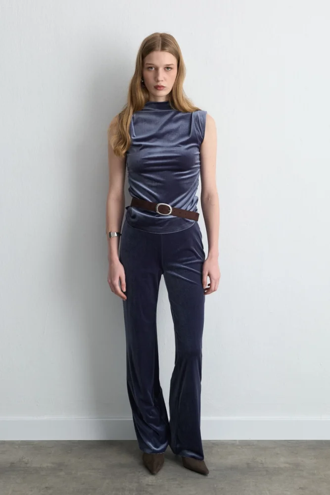 Beli Lastikli Bol Paça Kadife Pantolon - Gri - Gusto