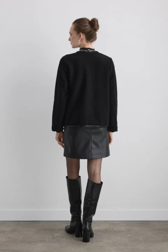 Boncuk İşlemeli Yün Ceket - Siyah - 5