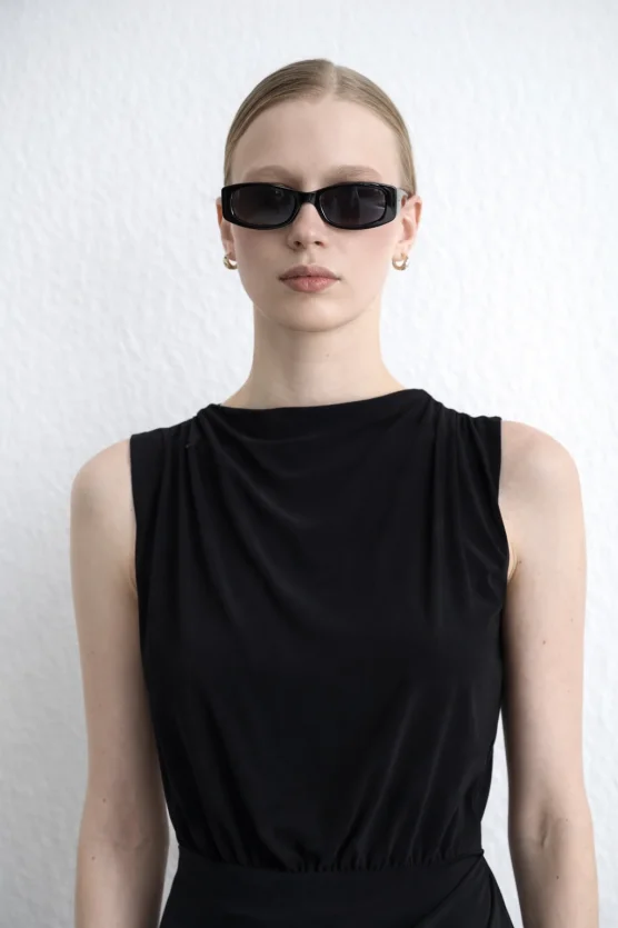 Büzgülü Jarse Midi Elbise - Siyah - 4