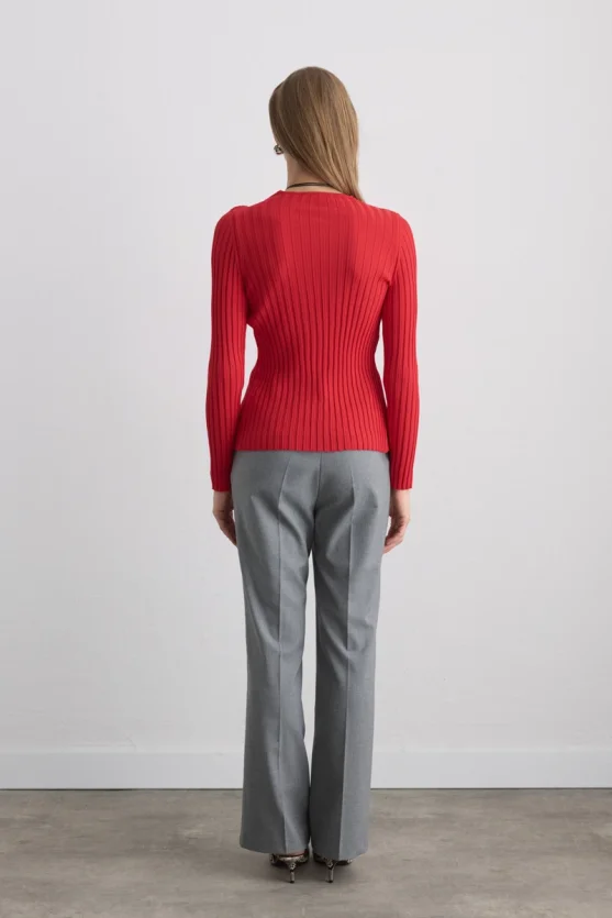 Düğüm Detaylı Viskon Triko Bluz - Kırmızı - 5