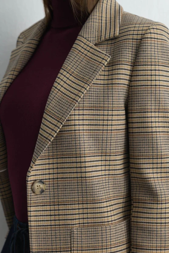 Ekose Blazer Ceket - Bej - 5