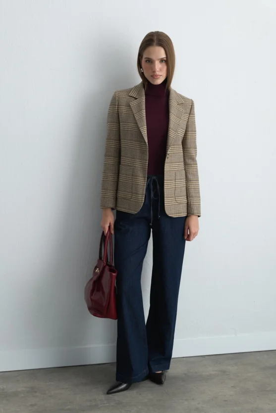 Ekose Blazer Ceket - Bej - 6