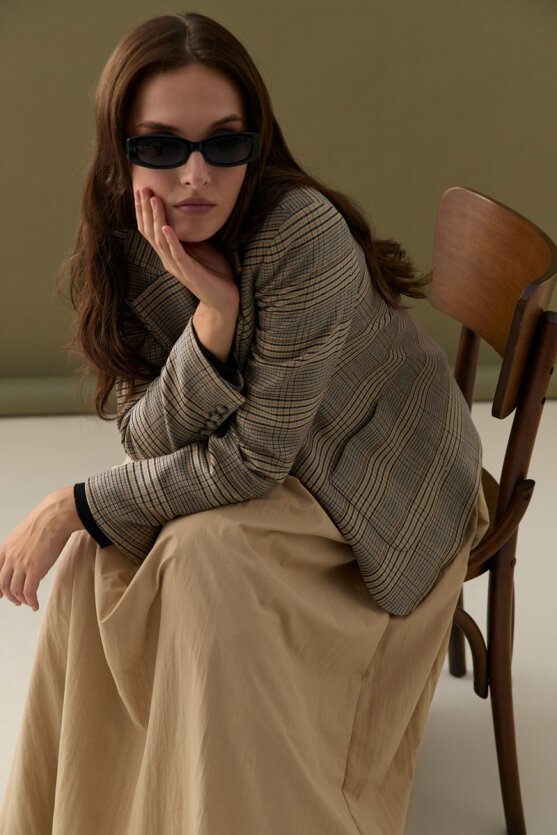 Ekose Blazer Ceket - Bej - 2