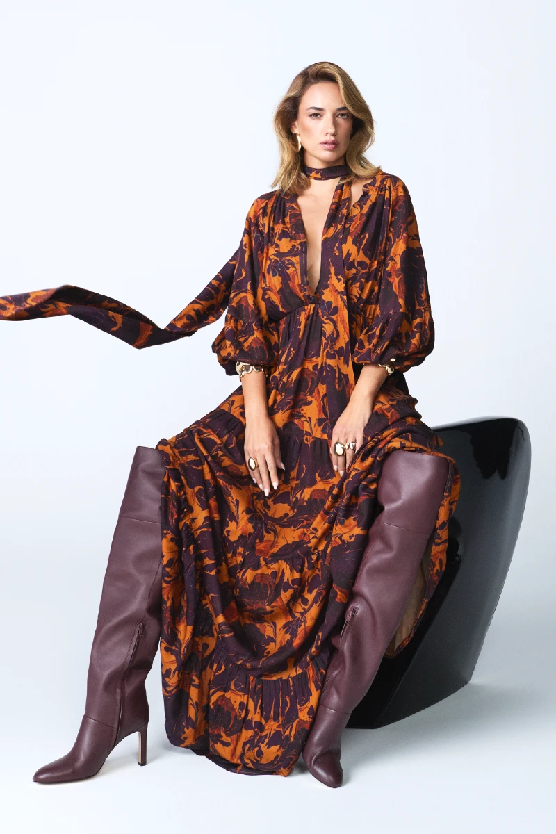 Anka Collection Belted Long Viscose Dress Maroon - 6