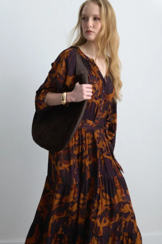 Anka Collection Belted Long Viscose Dress Maroon - 8