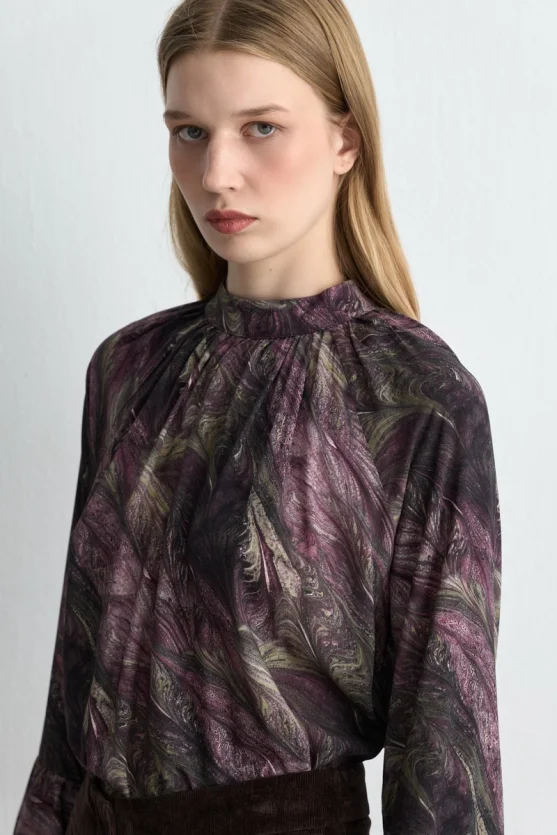 Anka Collection High Neck Viscose Blouse with Flared Sleeves Plum - 2