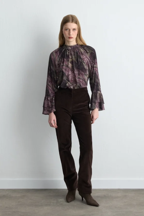 Anka Collection High Neck Viscose Blouse with Flared Sleeves Plum - 3