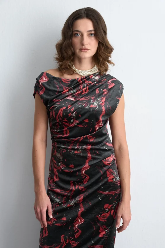 Anka Collection Patterned Long Velvet Dress Black - 3