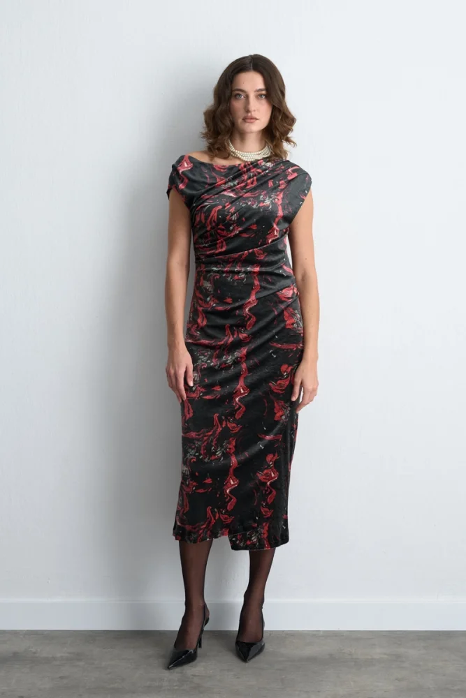 Anka Collection Patterned Long Velvet Dress Black Black