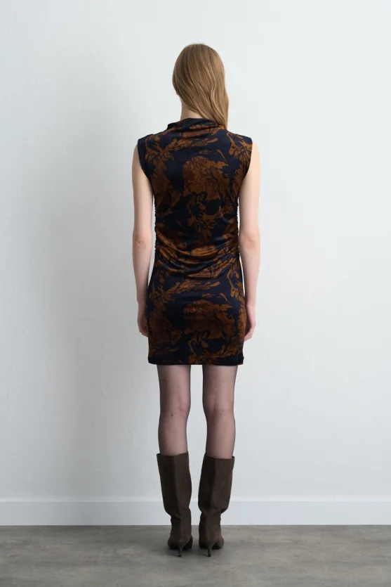 Anka Collection Patterned Mini Velvet Dress Navy Blue - 5