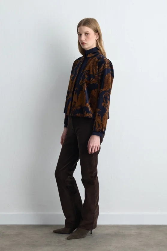 Anka Collection Stand Collar Velvet Jacket Navy Blue - 5