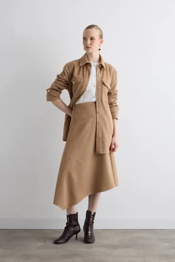 Asymmetrical Suede Skirt Beige - 2