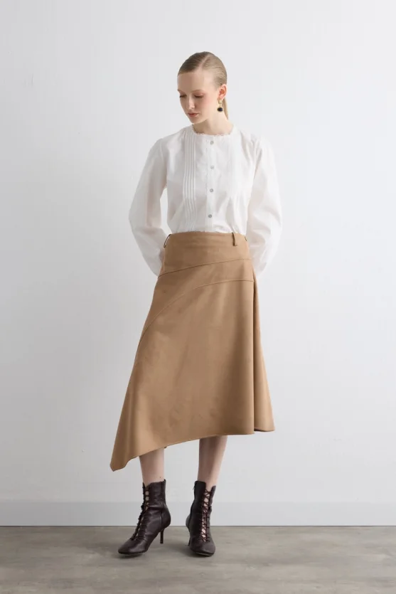 Asymmetrical Suede Skirt Beige - 5