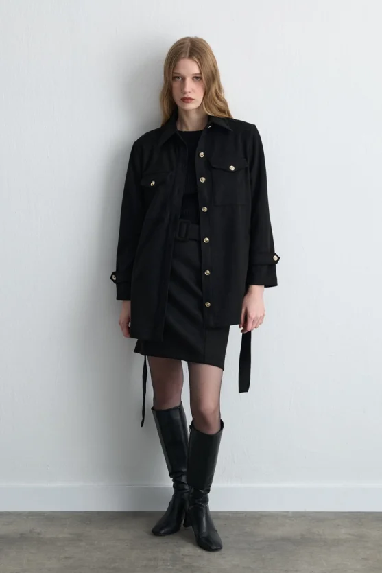Belted Faux Suede Jacket Black - 3