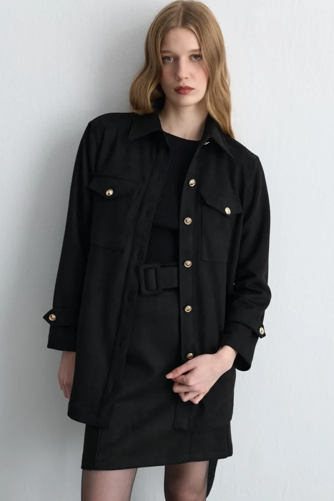 Belted Faux Suede Jacket Black Black
