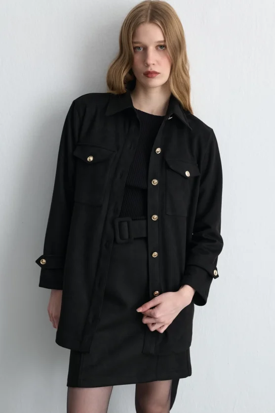 Belted Faux Suede Jacket Black - 1