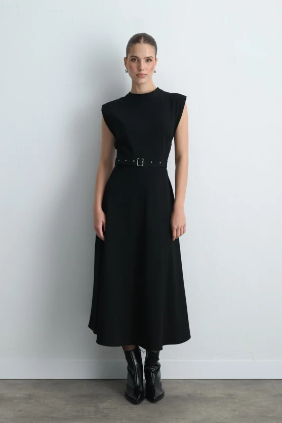Belted Long Dress Black - 1