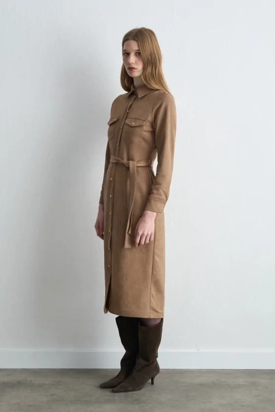 Belted Long Faux Suede Dress Beige - 5