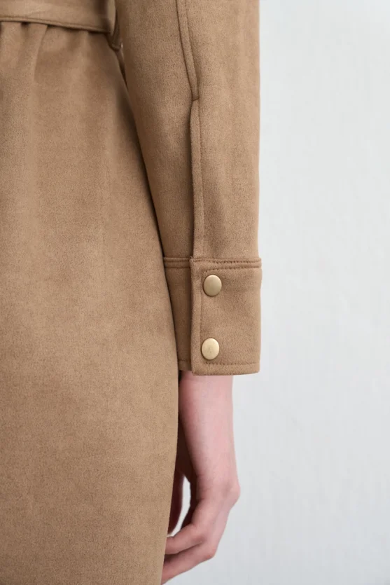 Belted Long Faux Suede Dress Beige - 6