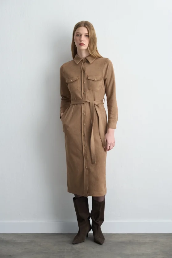 Belted Long Faux Suede Dress Beige - 1