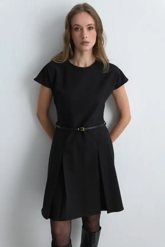 Belted Low Sleeve Dress Black - 2