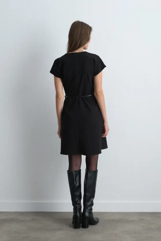 Belted Low Sleeve Dress Black - 5