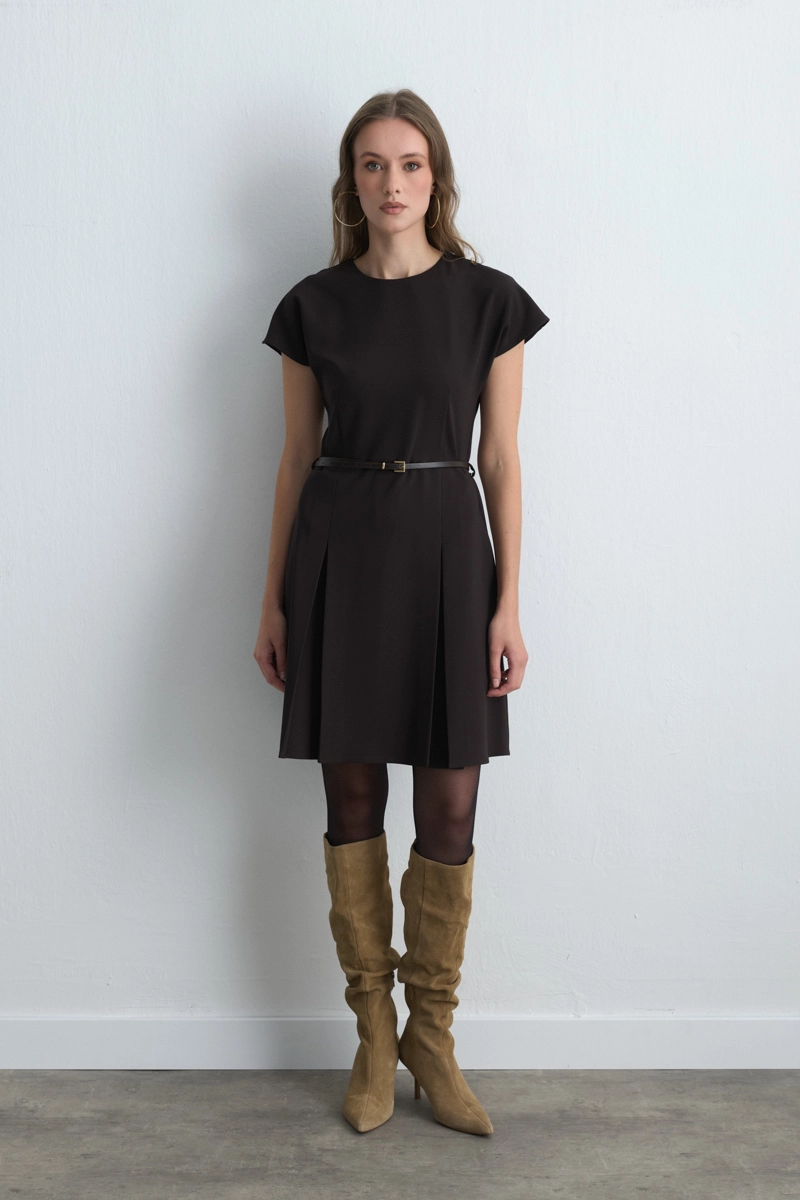 Belted Low Sleeve Dress Brown - 3