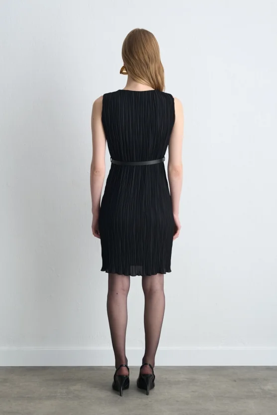 Belted Pleated Dress Black - 6