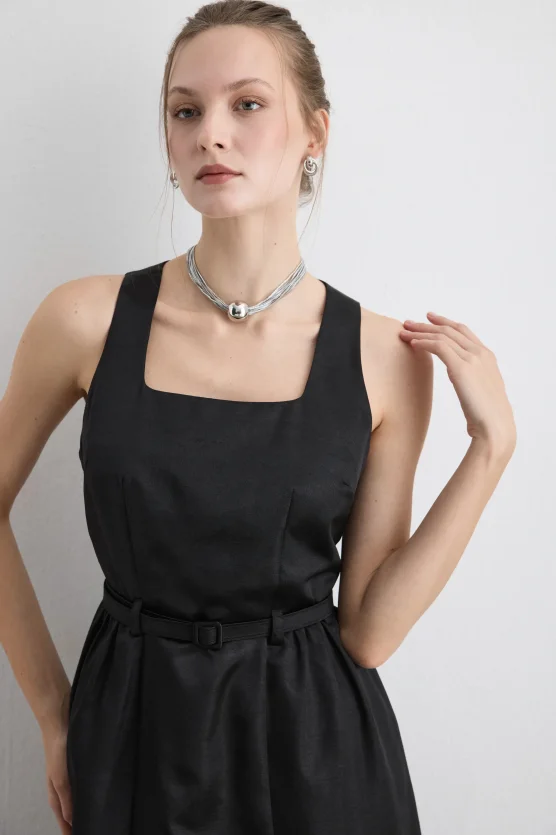 Belted Square Neck Taffeta Midi Dress Black - 3