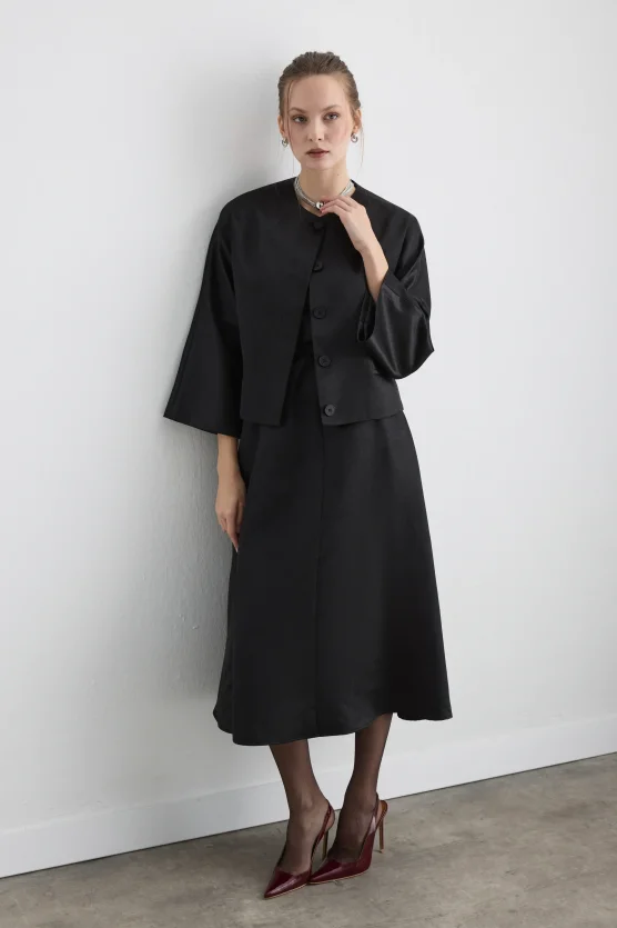 Belted Square Neck Taffeta Midi Dress Black - 5