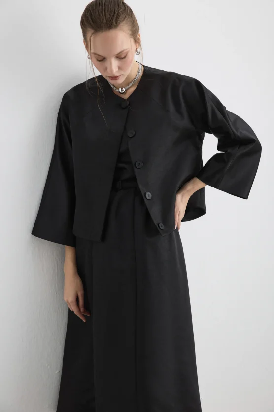 Belted Square Neck Taffeta Midi Dress Black - 6