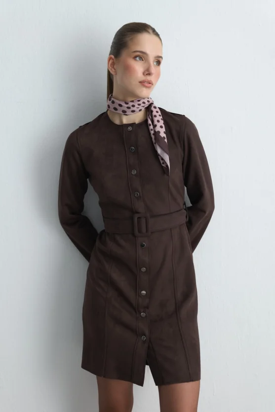 Belted Suede Dress Brown - 2