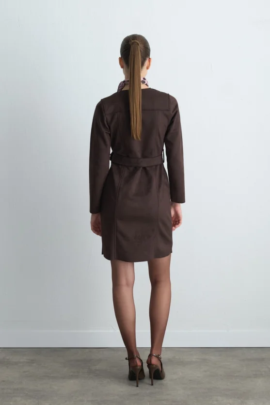 Belted Suede Dress Brown - 4