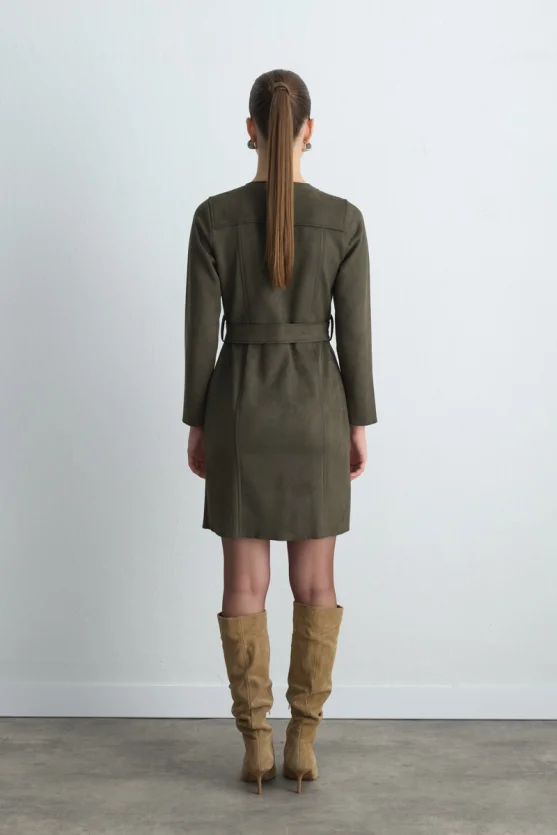 Belted Suede Dress Khaki - 5