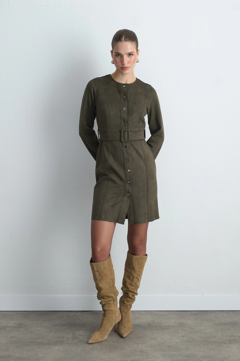 Belted Suede Dress Khaki Khaki