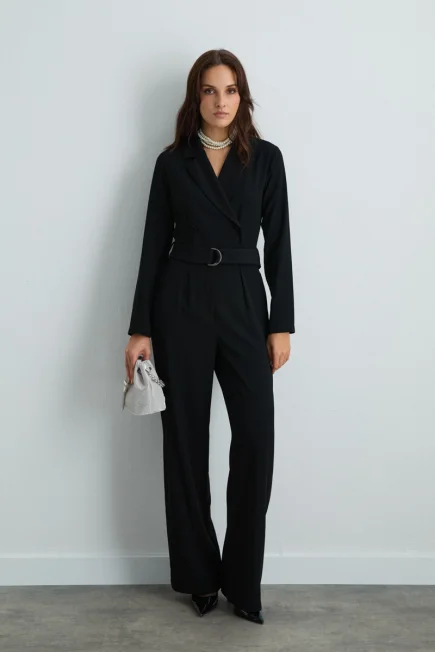 Blazer Collar Crepe Jumpsuit Black Black