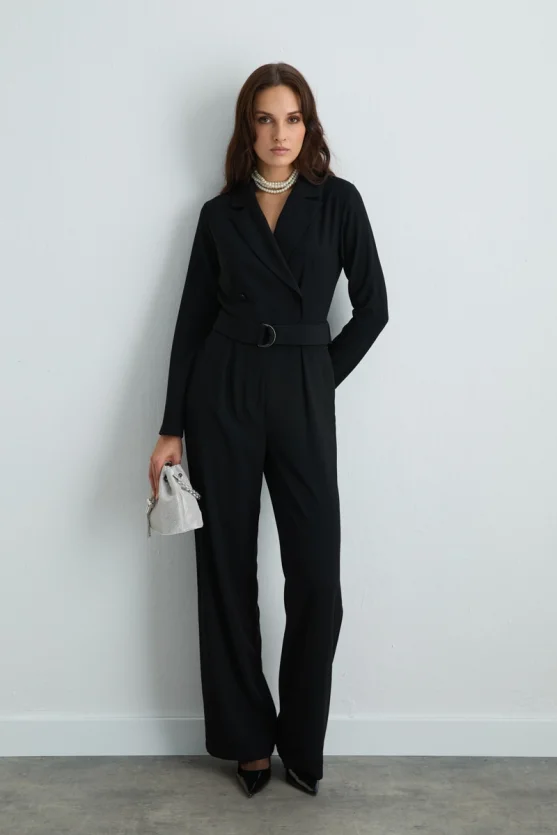 Blazer Collar Crepe Jumpsuit Black - 4