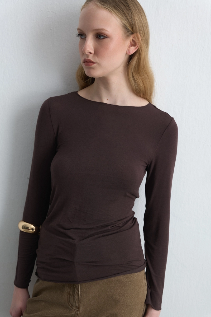 Boat Neck Cashmere Blouse Brown