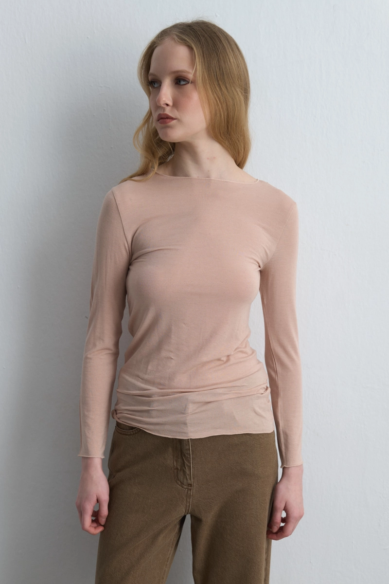 Boat Neck Cashmere Blouse Powder Pink - 1