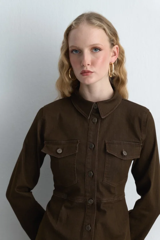 Cotton Denim Dress Brown - 4