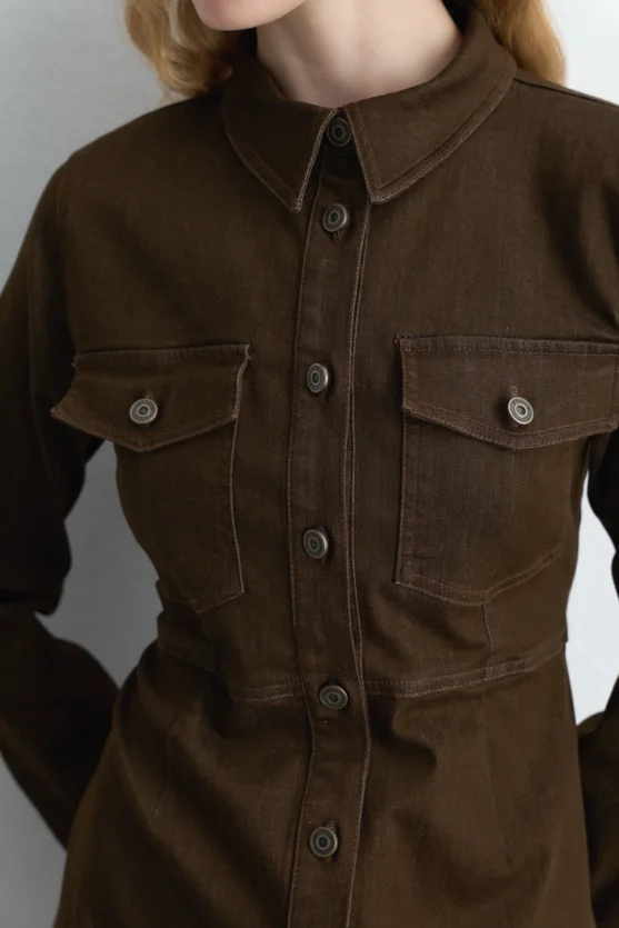 Cotton Denim Dress Brown - 3